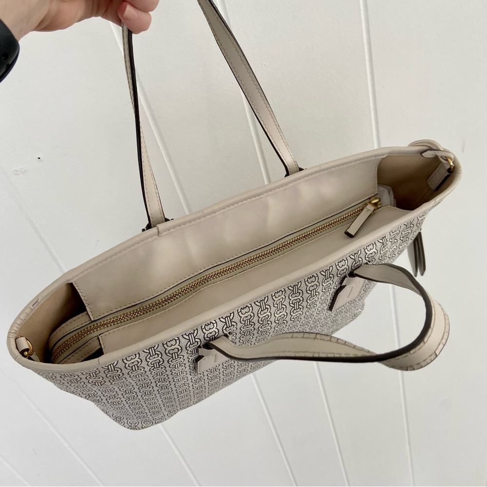 Tory Burch Gemini Link Tote Coated Canvas Double Strap Tote Designer Cream Blue - Picture 10 of 13